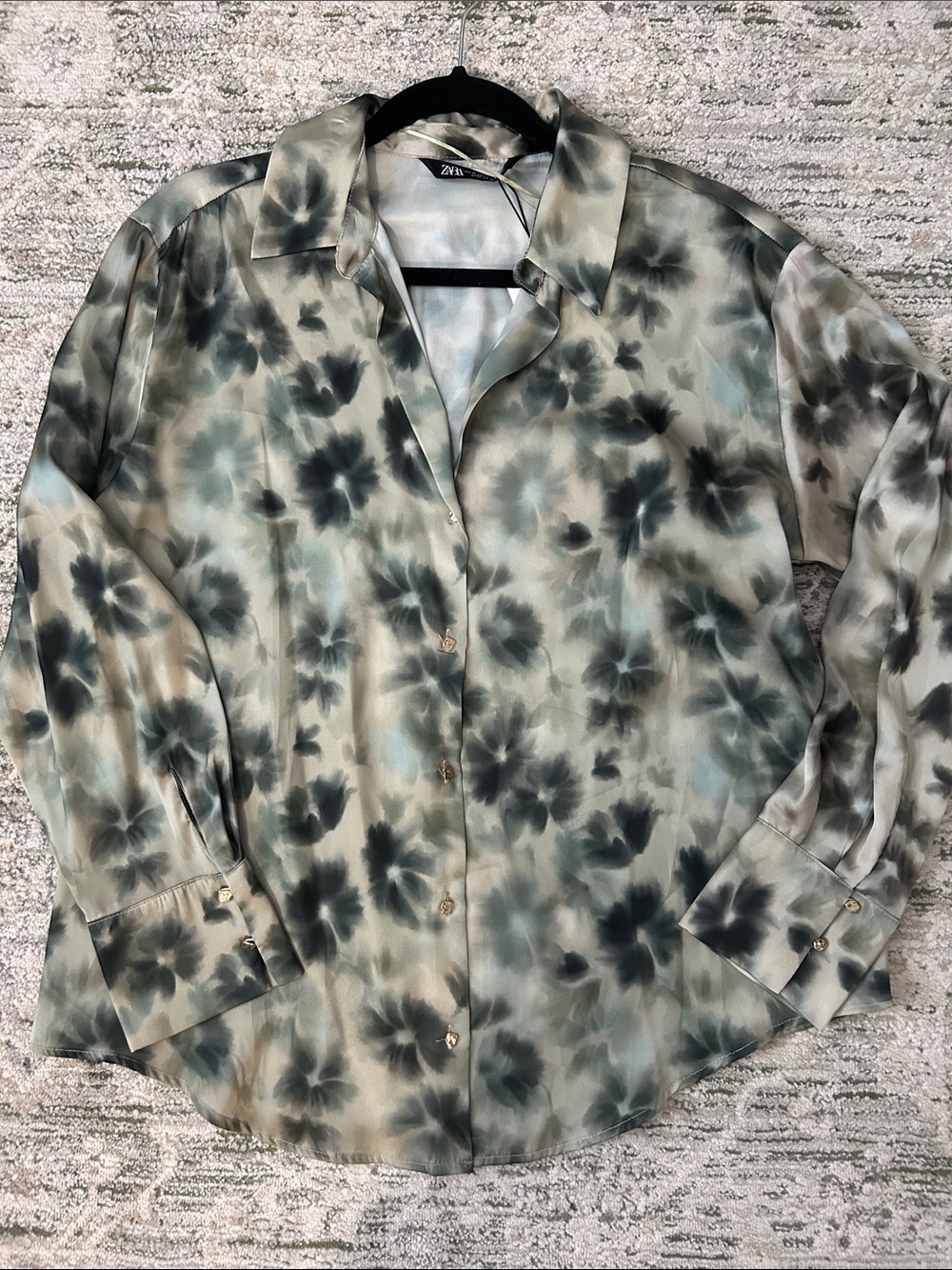 Zara Sage Green Floral Satin Button-Down Shirt